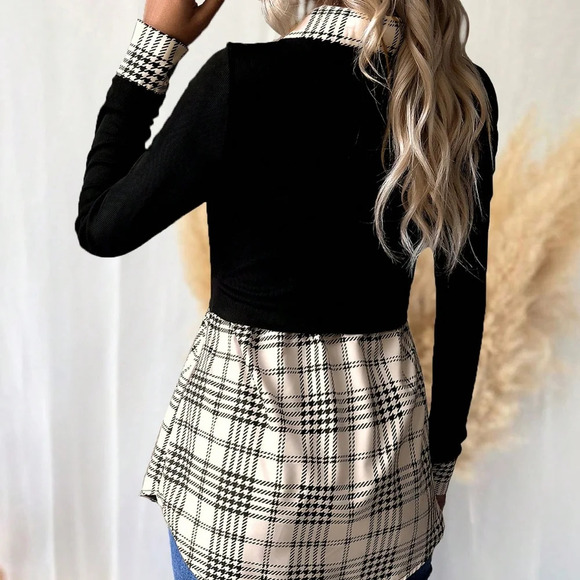 Plaid Print Contrast Collar 2 In 1 Tee - Picture 2 of 5